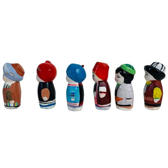 Folk Art Mini Kokeshi Clay Dolls Set of 6 Collectible Figurines Hand Painted - Picture 5 of 16